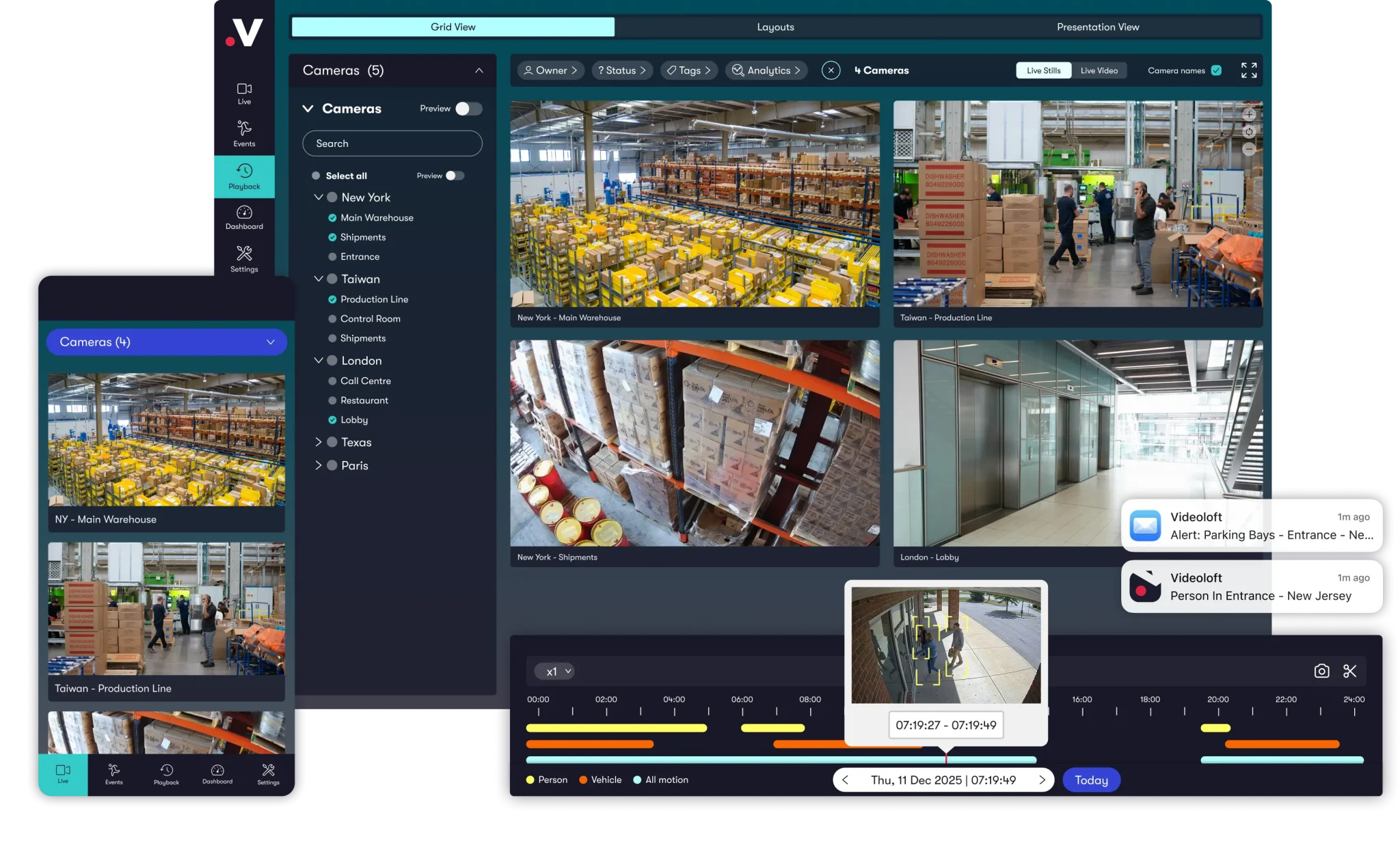 VMS cloud video surveillance software showing camera grid, playback, alerts, and mobile access
